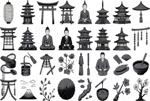 Evocative collection of Japanese cultural icons including pagodas, torii gates and serene figures perfect for travel themes cultural projects and design accents