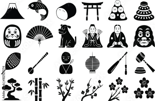 Explore iconic Japanese culture with this collection of traditional symbols, perfect for travel designs cultural celebrations and artistic projects reflecting heritage and history