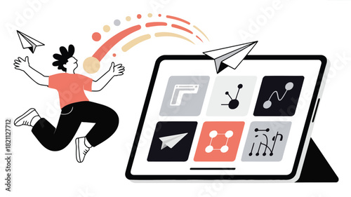 Dynamic abstract character in mid air jumping pose modern graphic design element