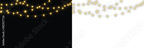 Christmas decorations with lights, garlands, and 3D objects on a transparent background. Festive design. Christmas LED White Garland PNG. Christmas Lights PNG. Web banners and greeting cards.