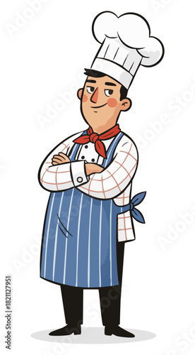 Confident chef with arms crossed vector illustration. Professional cook standing proudly in uniform. Smiling chef mascot conveying expertise and authority. Male cook character in blue striped apron