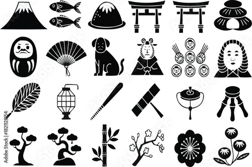 Explore Japanese culture with this modern collection of icons showcasing Mount Fuji Torii gates Daruma dolls lucky dog and blooming cherry blossoms for creative projects