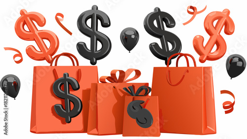 Illustration of shopping bags with dollar signs and balloons for black friday promotion event sale day