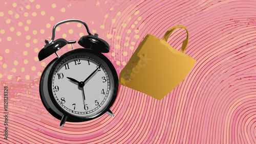 Illustration showing an alarm clock and a yellow tote bag against a pink patterned background design