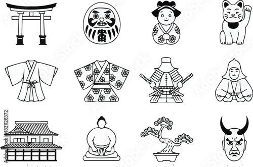  Explore Japan's Iconic Symbols in this Minimalist Vector DesignTorii Gate, Daruma Doll Lucky Cat Sumo Wrestler Bonsai Tree Ninja and More Japanese Culture.