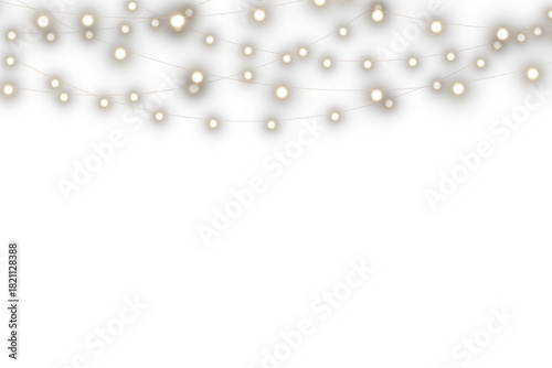 Christmas decorations with lights, garlands, and 3D objects on a transparent background. Festive design. Christmas LED White Garland PNG. Christmas Lights PNG. Web banners and greeting cards.