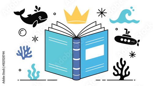 An open book with striking royal blue covers symbolizing knowledge learning and imagination