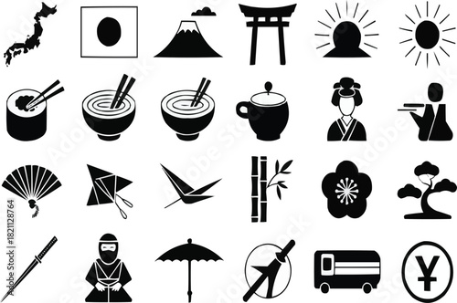  Explore vibrant Japanese culture and traditions with this graphic set featuring iconic symbols like Mount Fuji sushi geisha and more perfect for any Asian design project