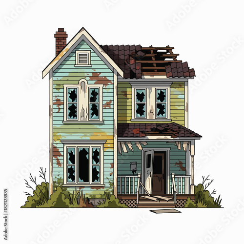 Dilapidated Old House With Broken Windows and Peeling Paint on a Cloudy Day