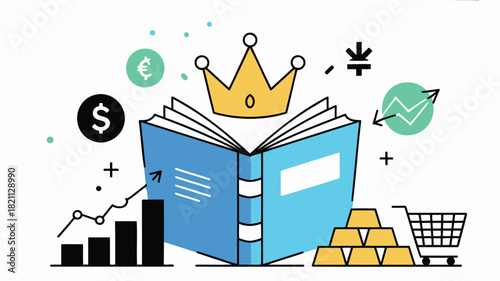 Elegant open royal blue book with a shining gold crow emblem on a clean background