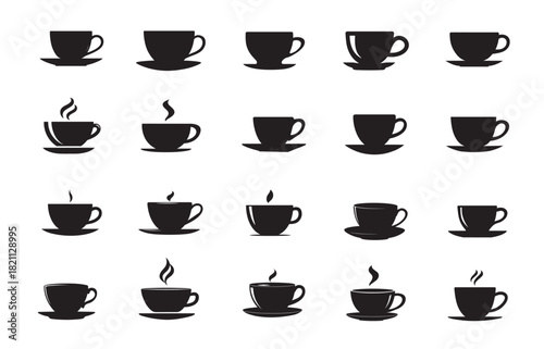 Collection of coffee and tea cup silhouettes with steam or without steam