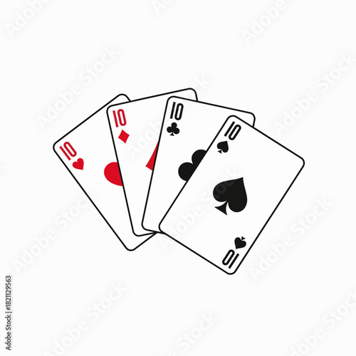 Set of Four Ten Playing Cards with Different Suits Spread Across a White Background