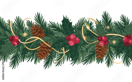 Seamless Christmas garland with pine cones and holly berries, festive decoration