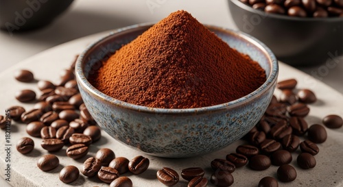 Rustic ceramic bowl with finely ground coffee powder, surrounded by whole roasted coffee beans, showcasing rich texture