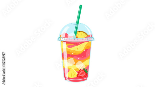 A pixelated colorful fruity beverage in a clear plastic cup with a straw