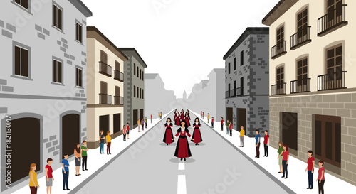 A traditional cultural procession with women in formal attire walking down a city street lined with spectators in a vector illustration