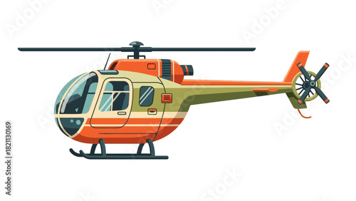 A pixelated sideview illustration of an orange green and cream helicopter