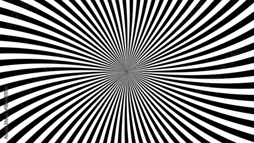 Black and white radial burst abstract background with sharp contrast lines radiating from center creating vintage retro comic or sunbeam illusion graphic concept for pop art optical effects