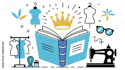 Elegant open royal blue book adorned with a shining gold crown symbolizing royalty and knowledge