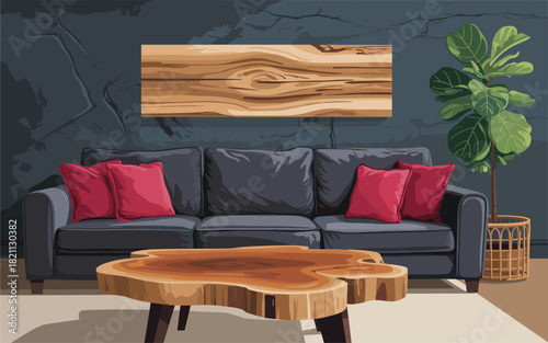 Modern Living Room Interior With Sofa, Coffee Table, and Plant