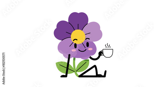 A purple flower character sits on the ground holding a cup of steaming coffee