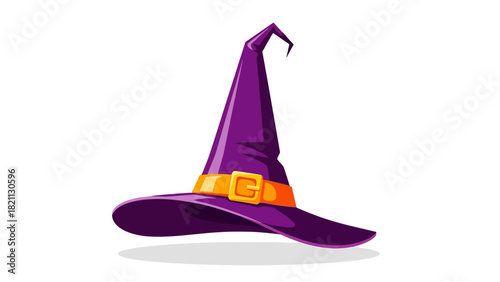 A purple witch hat with an orange band and buckle