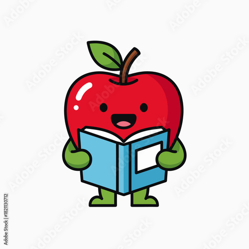 Adorable cartoon apple character happily reading an open book with a big smile and green leaves