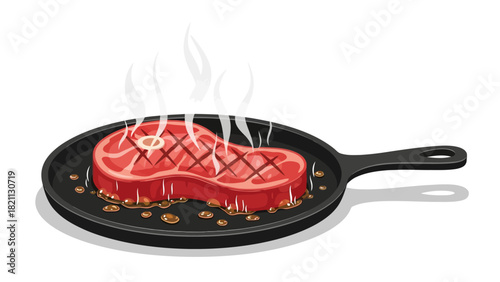 A raw steak with grill marks in a castiron skillet steaming