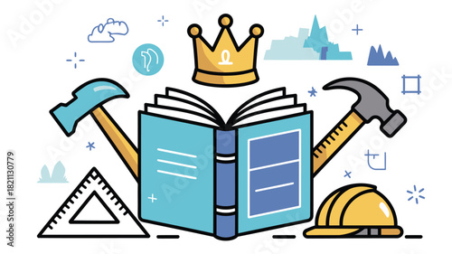 Elegant open royal blue book adorned with a shimmering gold crown symbolizing knowledge and royalty