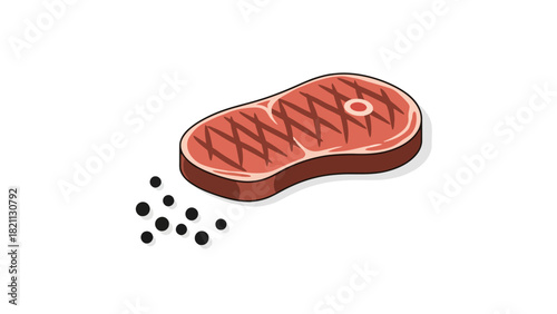 A raw steak with grill marks next to a pile of peppercorns