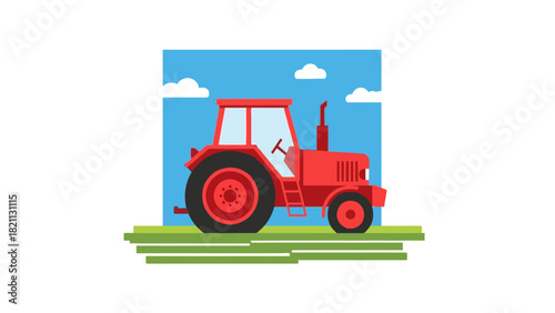 A red tractor sits in a field under a blue sky