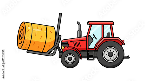 A red tractor with a bale of hay on a front loader