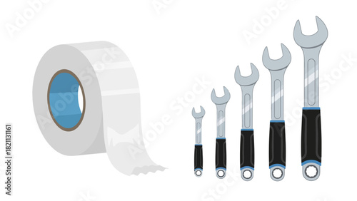 A roll of white tape and a set of five wrenches in graduated sizes