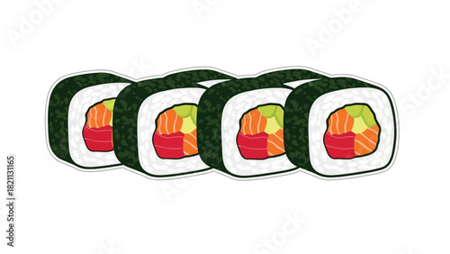 A row of four cartoon sushi rolls on a white background