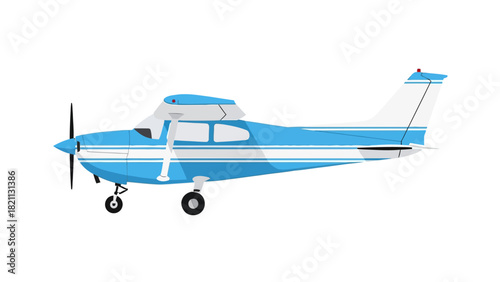 A side profile of a blue and white propeller airplane on a white background
