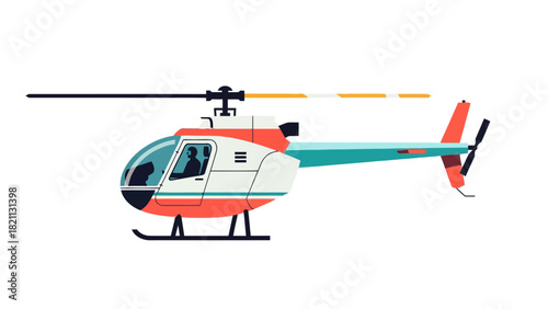 A side view of a red white and teal helicopter in flight