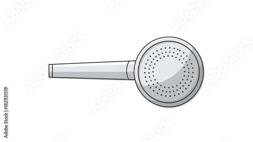 A silver shower head with a long handle and a circular head with many small holes