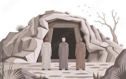 Three robed figures stand before a cavern entrance in a barren landscape