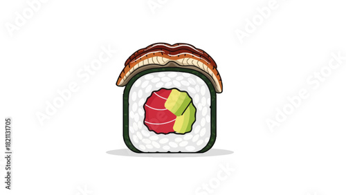 A single piece of sushi with eel avocado and tuna filling