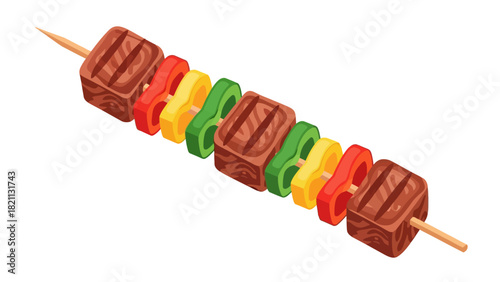 A skewer with cubes of grilled meat and bell peppers