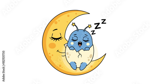 A sleeping blue alien in an egg on a crescent moon