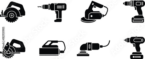 Power Tools Silhouette Icon Set: Electric Saw, Drill, Grinder, and Sander Icons, Construction and Carpentry Equipment, DIY and Repair Graphic Collection, Black Vector Symbols.