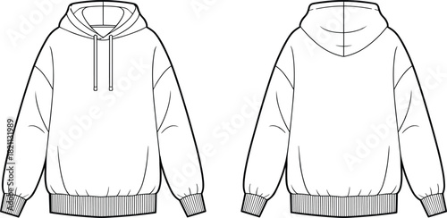Oversized Hoodie Technical Fashion Flat Sketch: Front and Back View, Unisex Casual Sweatshirt Template, Drawstring Hood, Ribbed Cuff and Hem, Apparel Vector Illustration, Clothing Mockup.