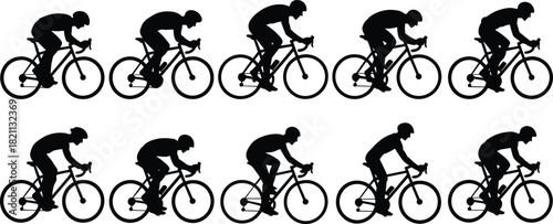 Road Cyclist Silhouette Vector Set: Dynamic Side View of Bike Riders, Racing Sport Figures, Bicycle Riding Posture Collection, Professional Athletes, Competitive Cycling, Black Graphic Elements.