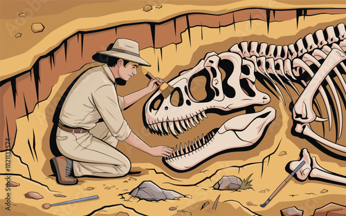 Paleontologist Excavating Dinosaur Skeleton in Detailed Flat Vector Illustration