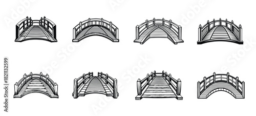 Collection of whimsical wooden bridge illustrations in black and white line art