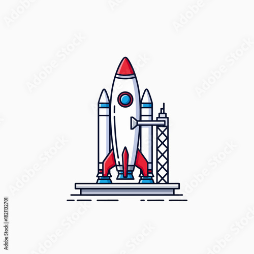 A detailed illustration of a futuristic space rocket standing on its launchpad ready for liftoff into the unknown cosmos
