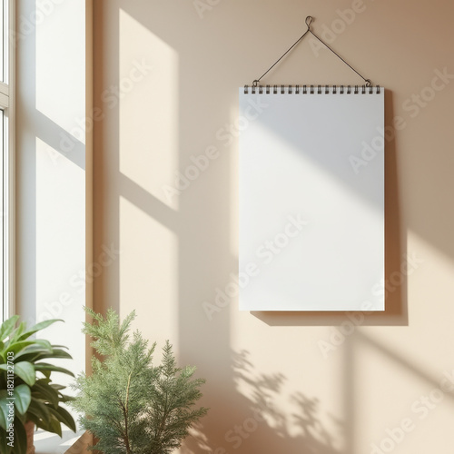 Wall calendar blank page spiral binding hanging wall sunlight soft shadow minimalist mockup neutral color. Minimal wall calendar mockup with blank page hanging by spiral binding, warm sunlight