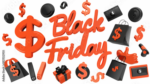 Illustration featuring black friday text with shopping bags and dollar signs on a white background