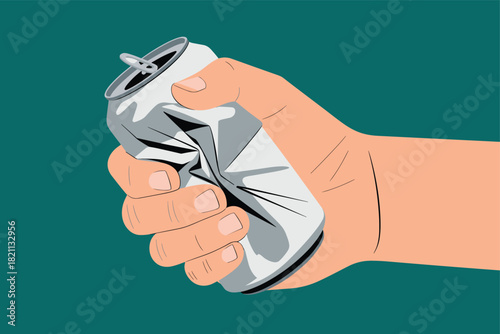 Hand crushing a recyclable aluminum can, illustration of waste reduction